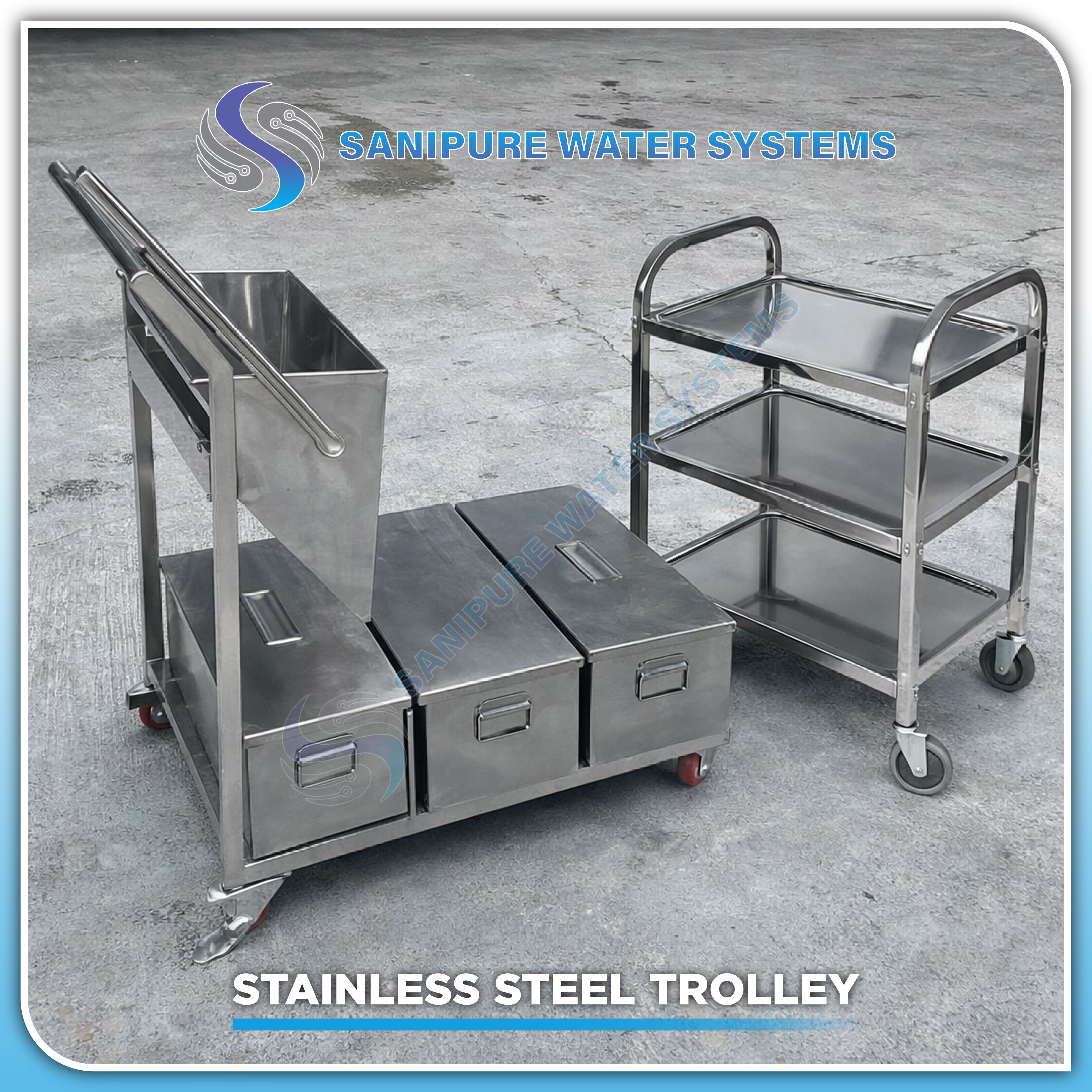Stainless steel industrial trolley for pharmaceutical and food production material handling
